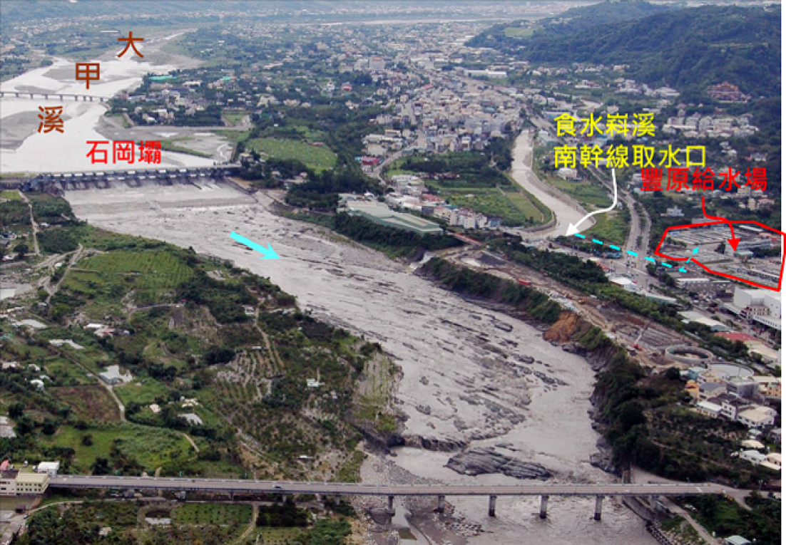 大台中地區公共給水大甲溪石岡壩及食水嵙溪南幹線取水口與豐原給水場位置圖