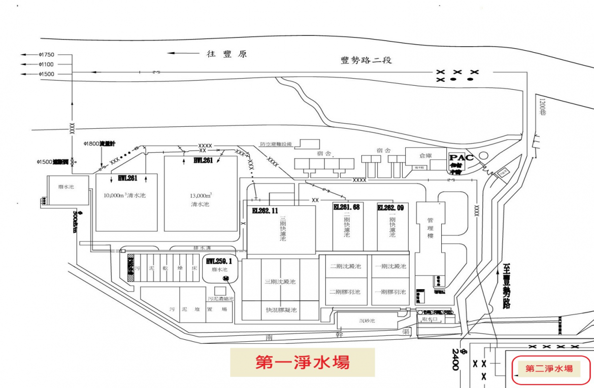 大台中地區公共給水豐原第一淨水場淨水設施平面圖
