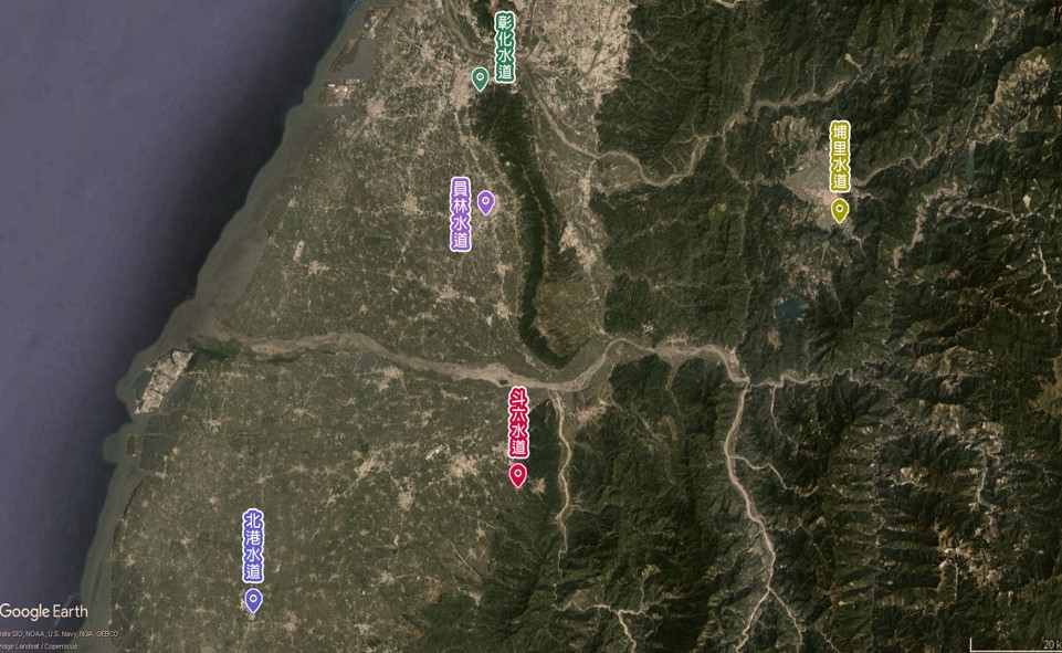 公共給水彰化南投雲林地區日治時期彰化水道、斗六水道、埔里水道、員林水道及北港水道地理位置圖