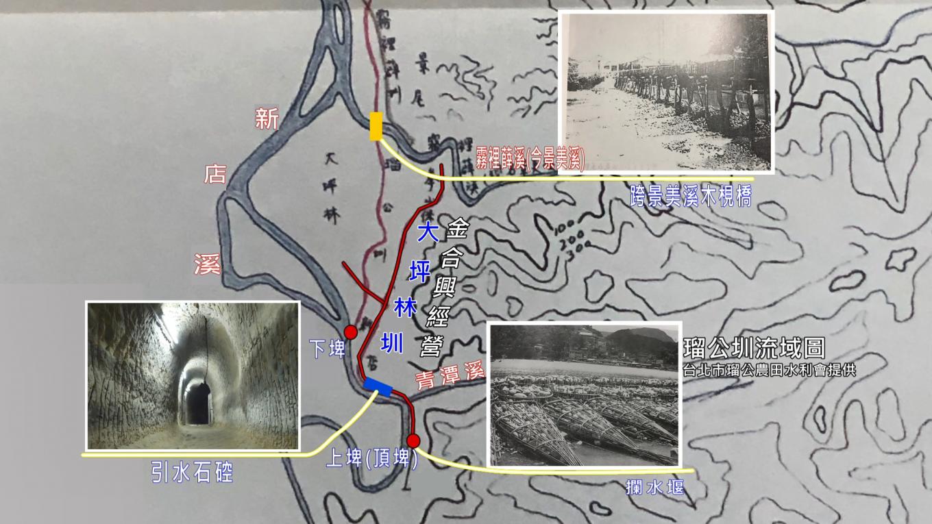 瑠公圳>大坪林圳：石硿通水後，蕭家與郭家各自築渠，蕭家自青潭至至景美溪南岸的築的水圳稱『大坪林圳』，灌溉新店大坪林地