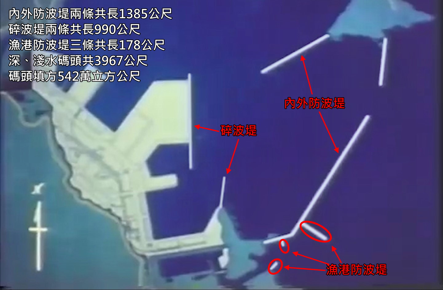 1974年7月蘇澳港擴建工程：興建包括內、外防波堤2條共長1385公尺，碎波堤2條共長990公尺，漁港防坡堤3條共長178公尺，深、淺水碼頭合計3967公尺，碼頭填方542萬立方公尺