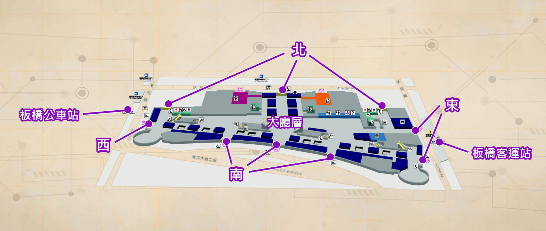臺北市區鐵路地下化第三期工程「萬板專案」板橋車站各出入口位置圖