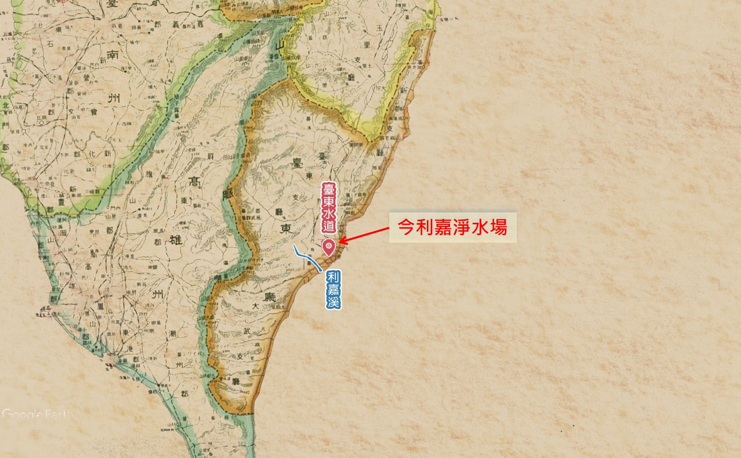 日治時期台東地區公共給水臺東水道位置圖及水源