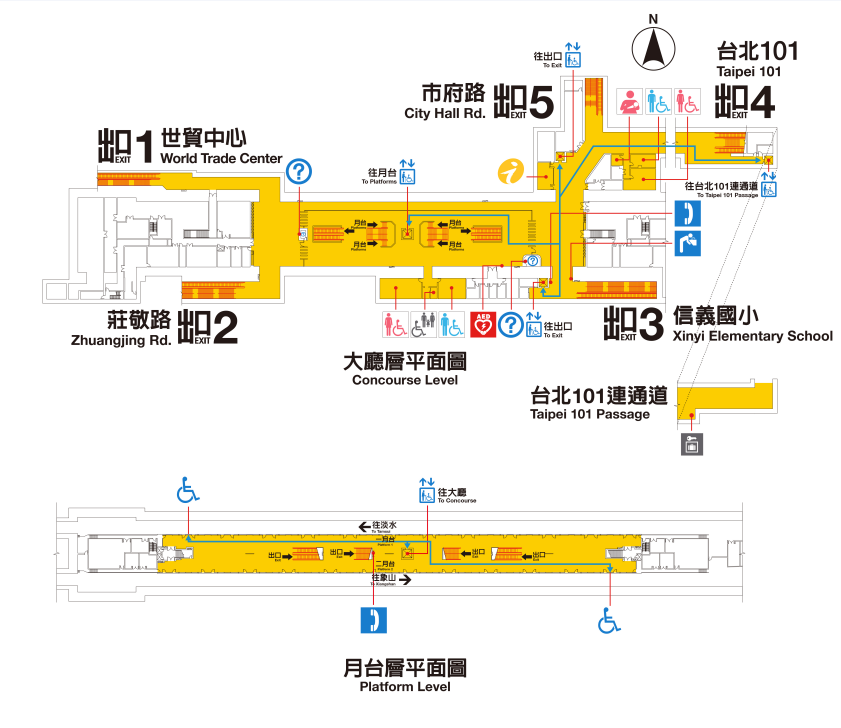 台北捷運信義線地下段台北101/世貿站(R03)大廳層、月台層平面圖