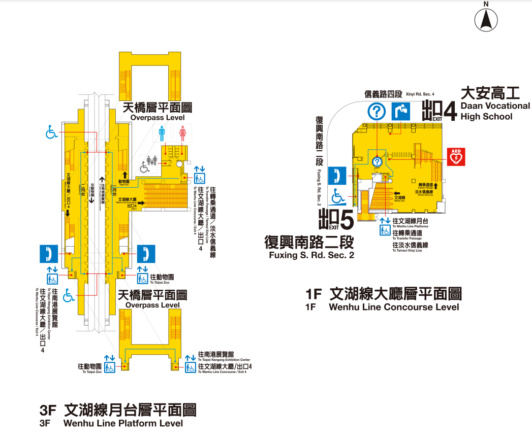 台北捷運信義線地下段大安站(BR09)大廳層、月台層及天橋層平面圖
