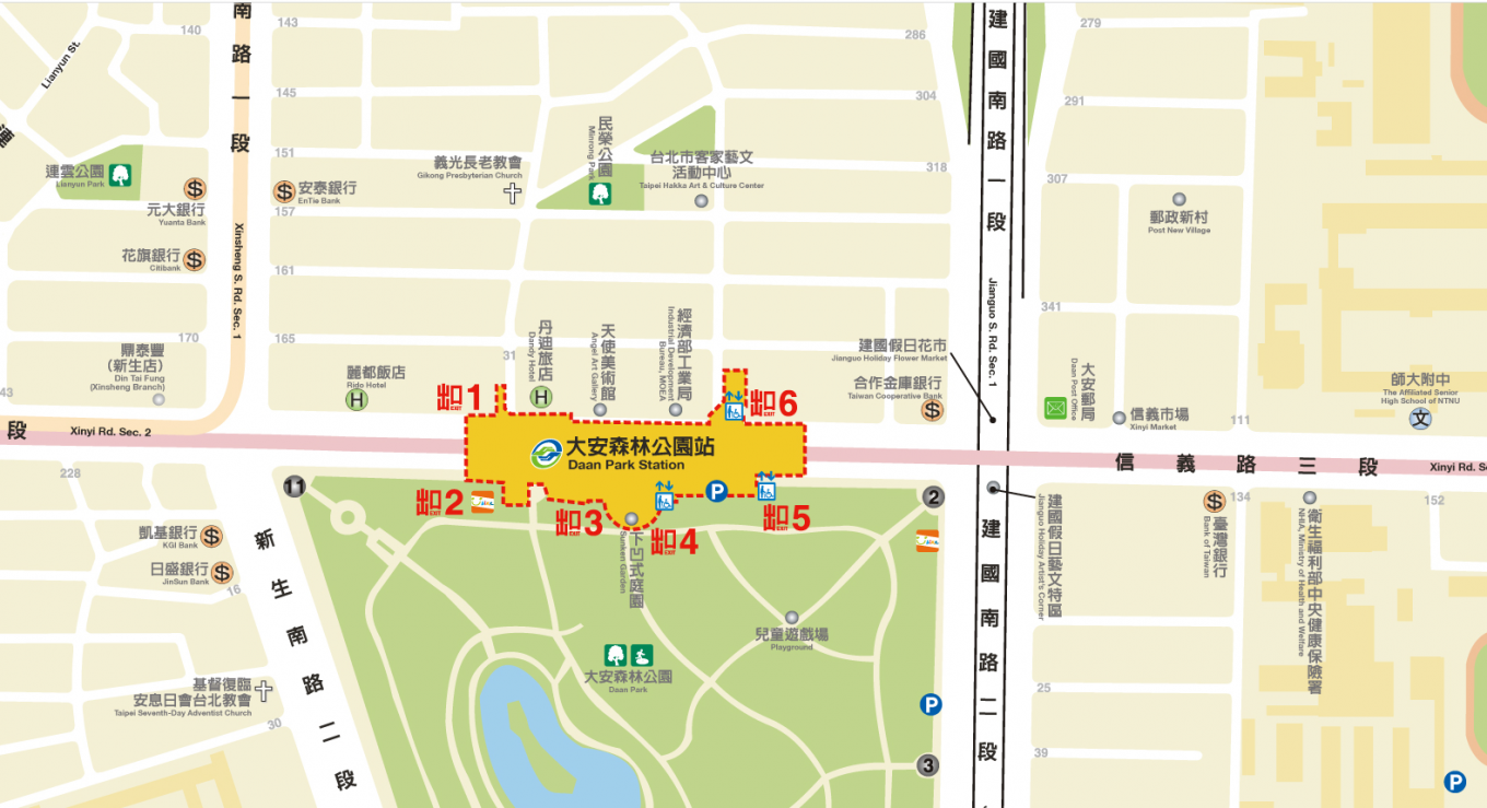 台北捷運信義線地下段大安森林公園站(R06)位置圖