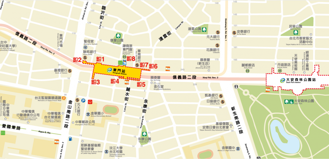 台北捷運信義線地下段東門站(R07)(O06)位置圖