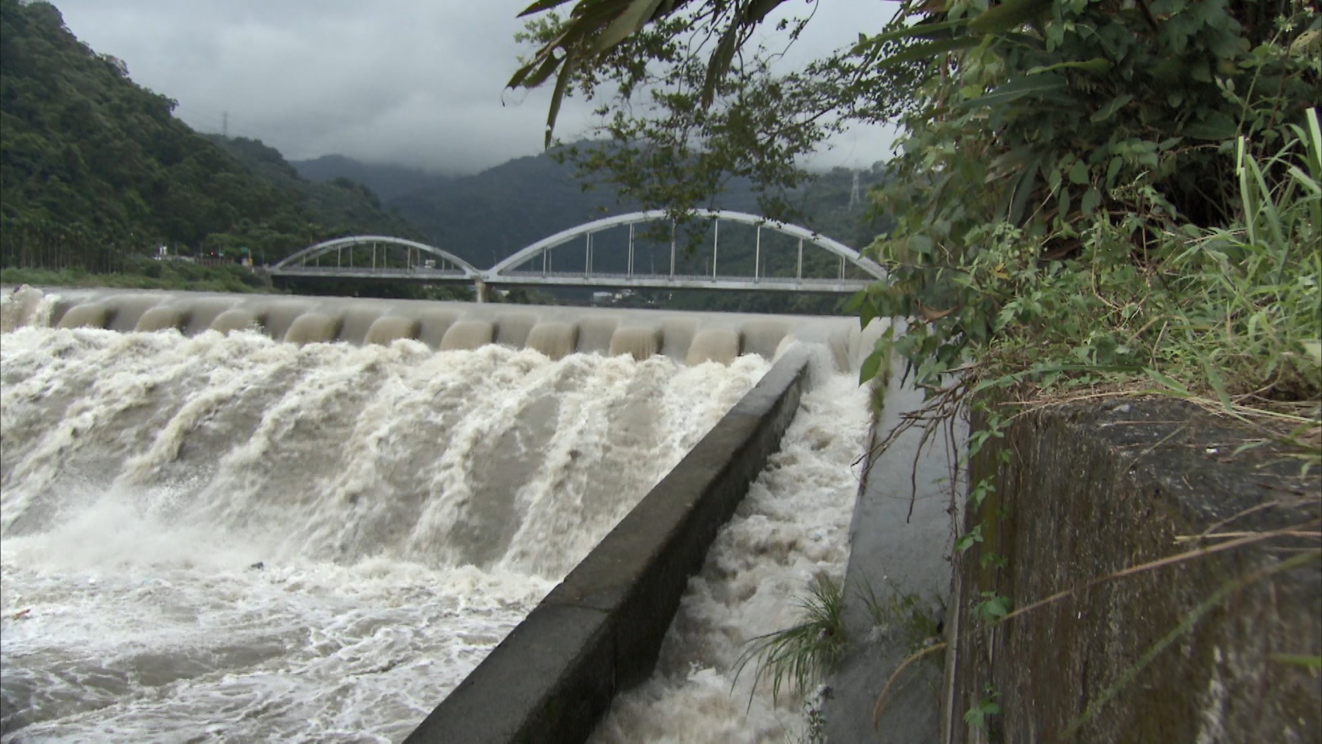 小粗坑電廠>粗坑壩左側魚梯：粗坑壩的左岸設有階梯水池式魚梯一座