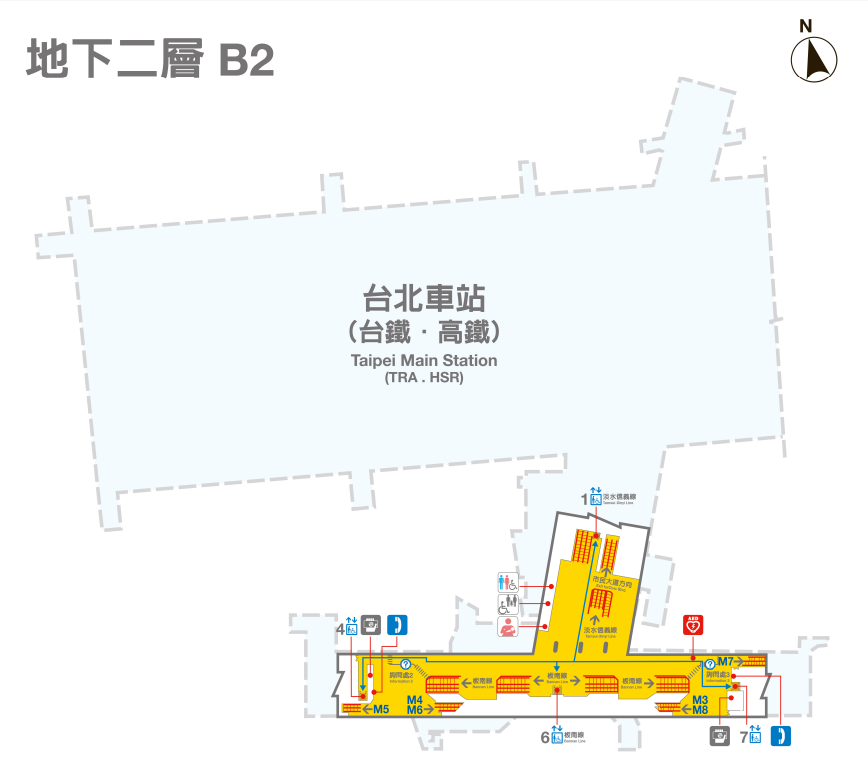 台北捷運淡水線地下段台北車站(R10)地下二層B2平面圖