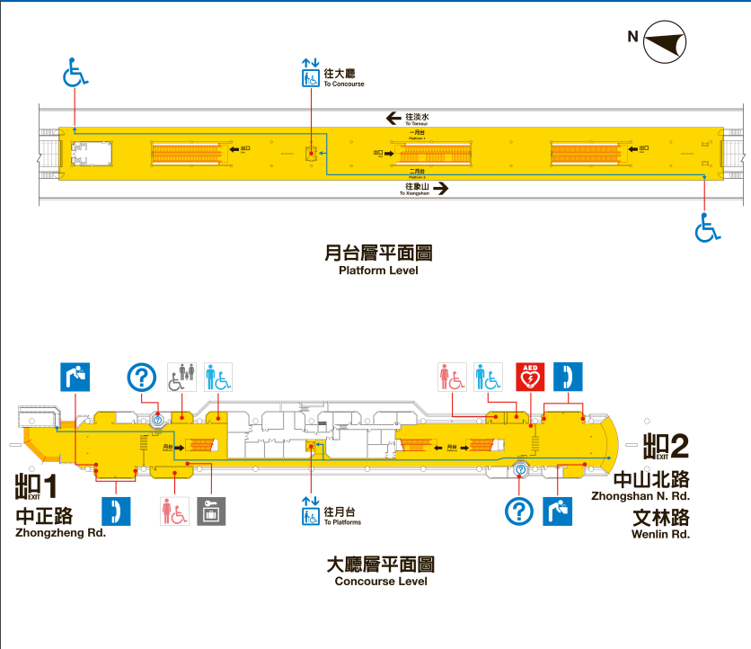 台北捷運淡水線高架段士林站(R16)月台層及各出口相關平面圖