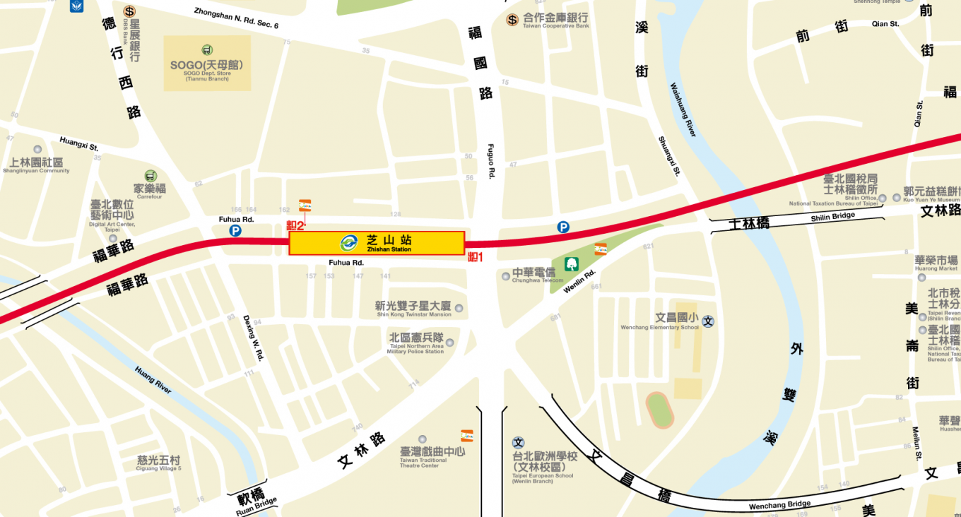 台北捷運淡水線高架段芝山站(R17)位置圖