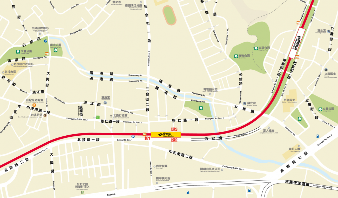 台北捷運淡水線高架段奇岩站(R21)位置圖