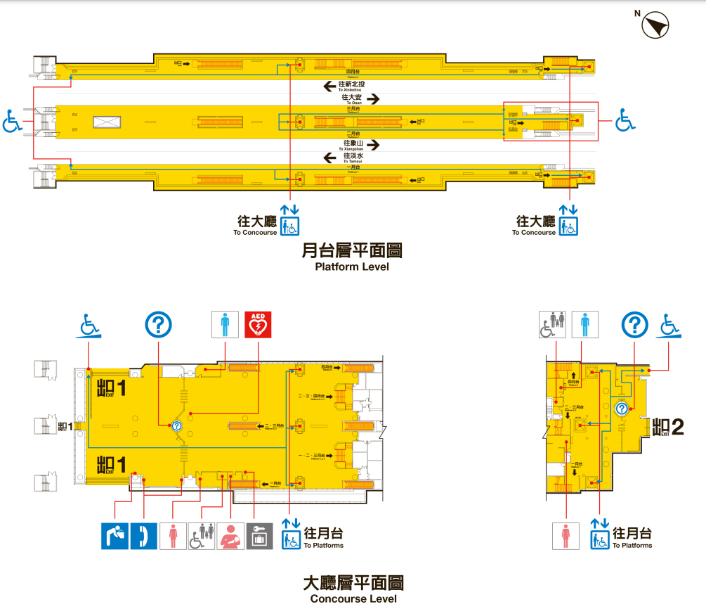 台北捷運淡水線高架段北投站(R22)大廳層、月台層平面圖
