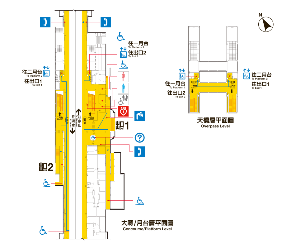 台北捷運淡水線地面段關渡站(R25)大廳層、月台層平面