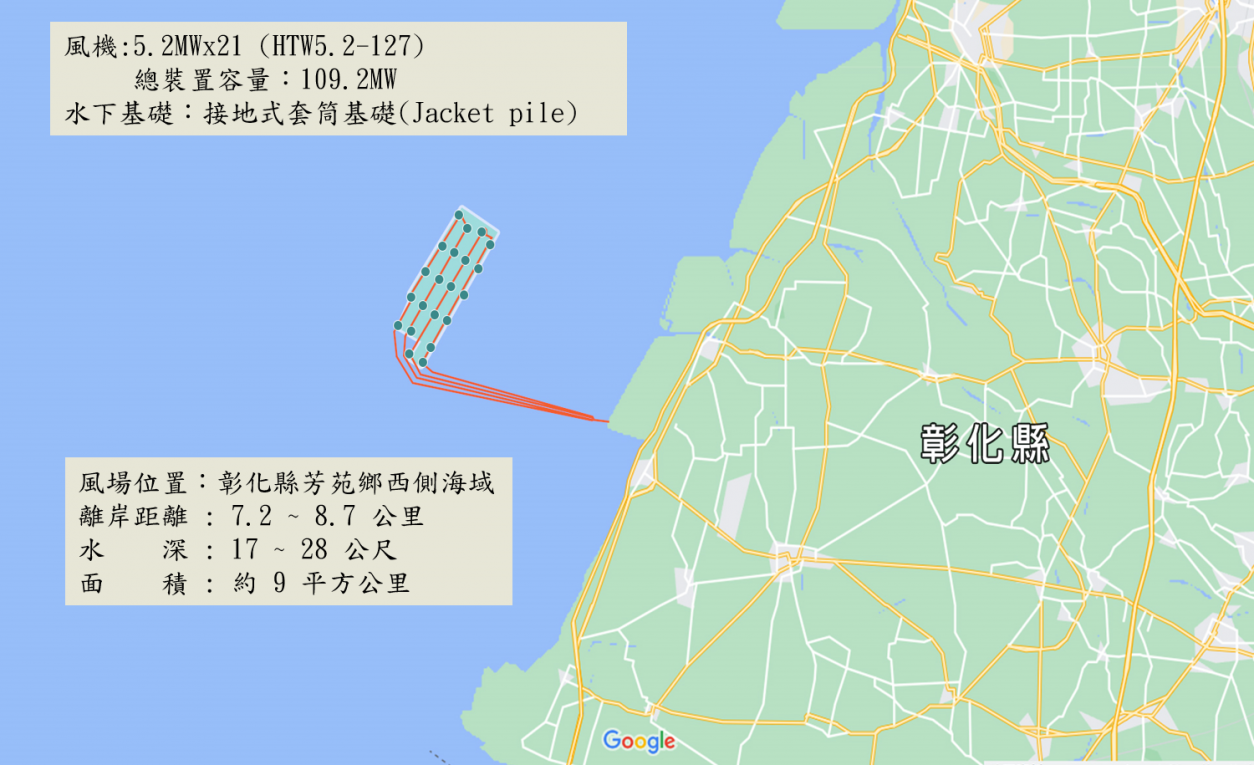 台電一期離岸風電台灣第二座示範風場地理位置