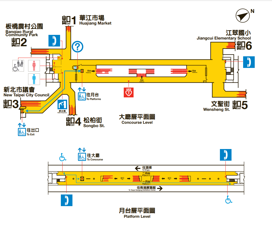 捷運板南線板橋線沿線車站江子翠站(BL09)大廳層、月台層平面圖