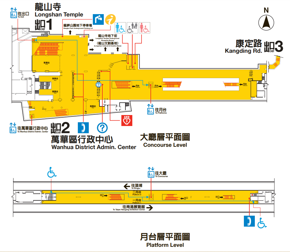捷運板南線板橋線沿線車站龍山寺站(艋舺商圈)(BL10)大廳層、月台層平面圖