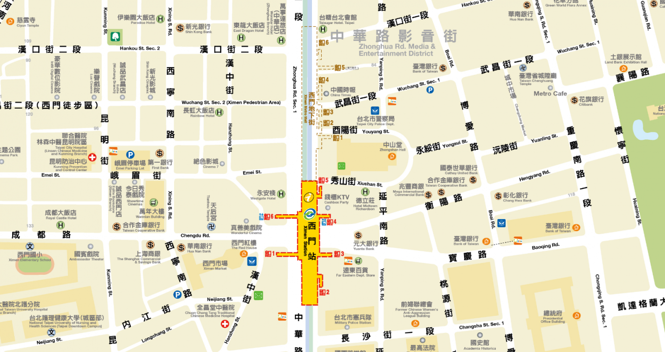 捷運板南線南港線沿線車站西門站(BL11/G12)位置圖