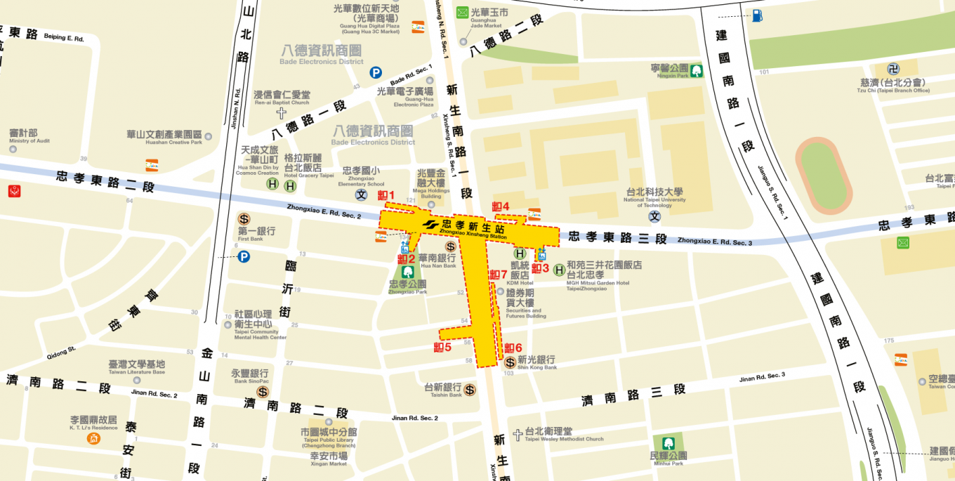 捷運板南線南港線忠孝新生站(BL14/O07)位置圖