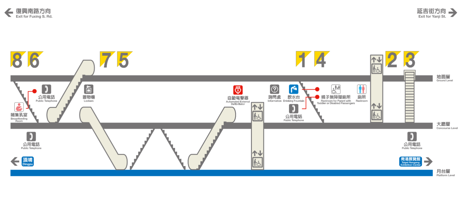 捷運板南線南港線忠孝敦化站(BL16)剖面相關位置圖