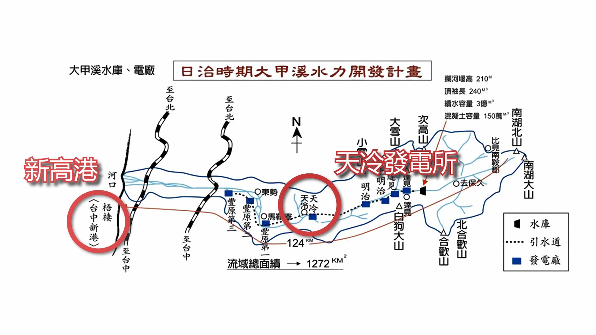 台中港>日治時期天冷發電所與新高港相對位置：為支援「南進政策」的「帝國戰爭」，新高港市的建設藍圖，以新高港為吞吐港，修築鐵運送物資，所需電力即由天冷發電所供應。