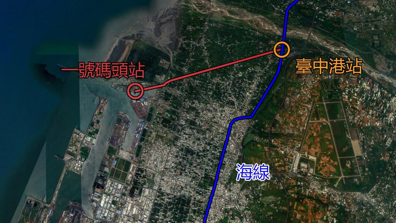 60年代國民政府重新建設台中港，恢復日治時期台中港鐵路環狀線，從台中港站進到1-4號碼頭的部份鐵道示意圖。