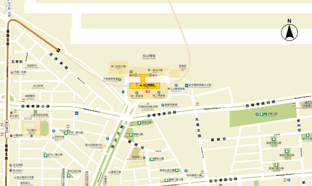 捷運內湖線沿線車站松山機場站(BR13)位置圖