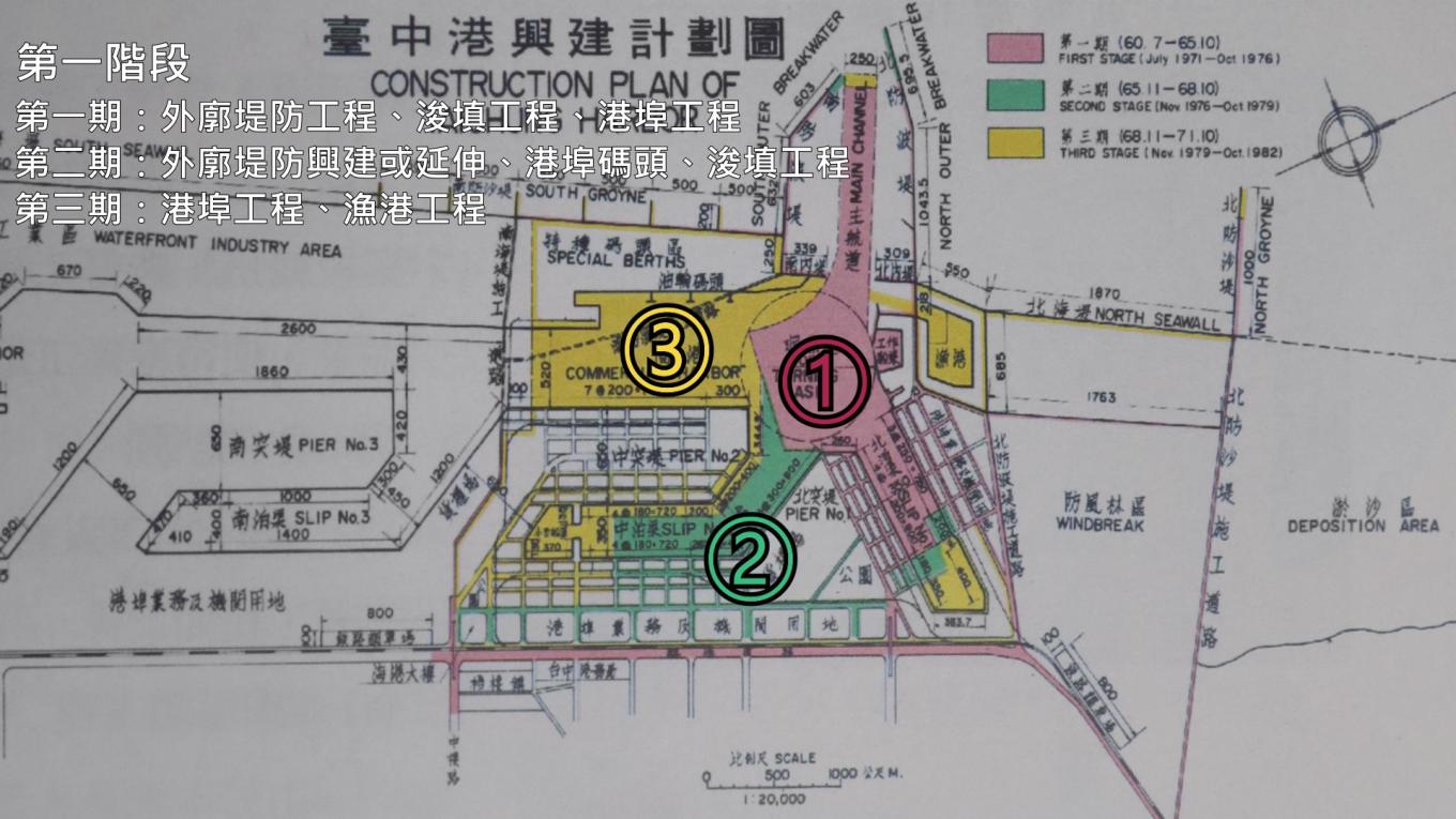 台中港第一階段興建計畫分三期圖示：台中港準備期完工後，開始進行第一階段興建計畫，第一階段興建計畫分三期施工，自1973年10月31日進行第一期工程(屬十大建設之一)。