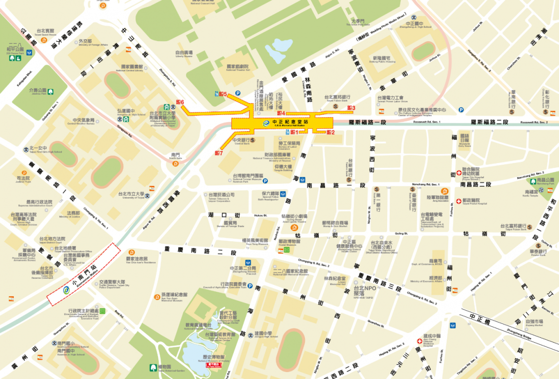捷運松山新店線之小南門線中正紀念堂站(G10/R08)位置圖