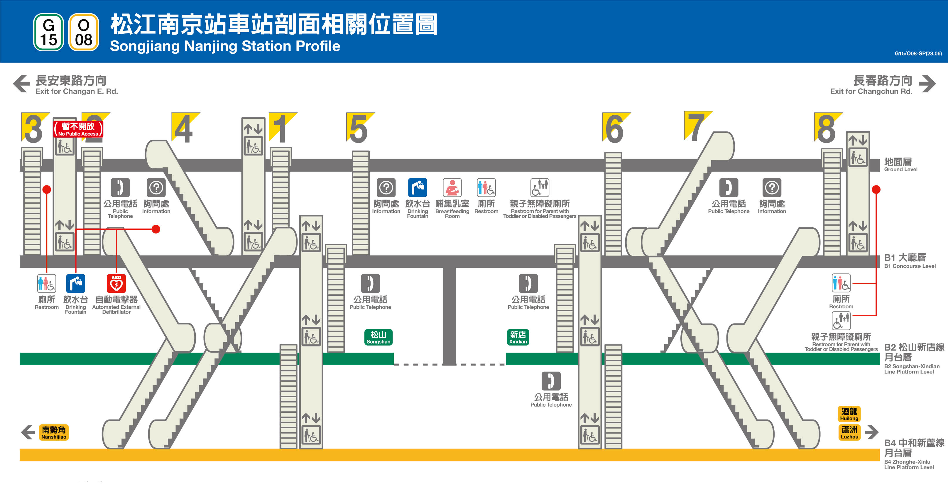 捷運松山新店線之松山線松江南京站(G15/O08)剖面相關位置圖