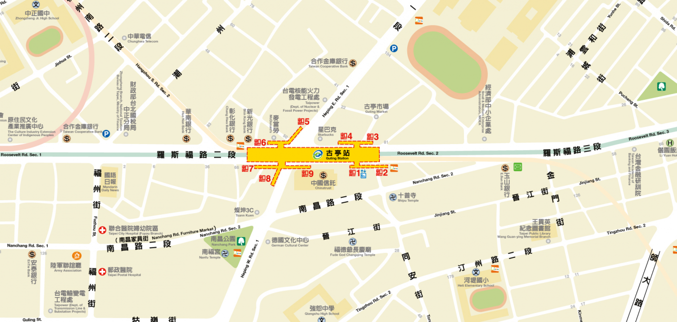 捷運中和新蘆線中和線沿線車站-古亭站(O05)(G09)位置圖