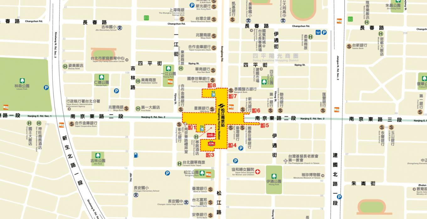 捷運中和新蘆線新莊線台北市段沿線車站-松江南京站(O08)(G15) 位置圖