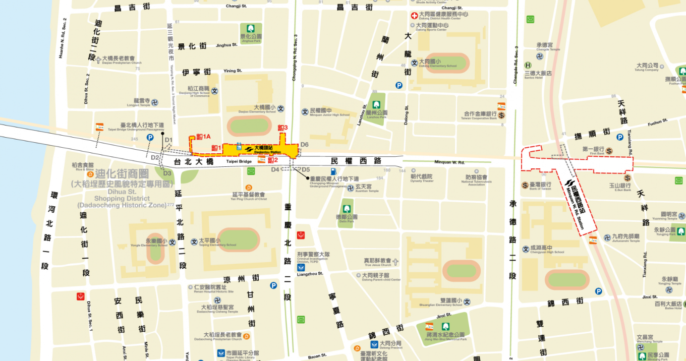捷運中和新蘆線新莊線新北市段沿線車站-大橋頭站(O12)位置圖