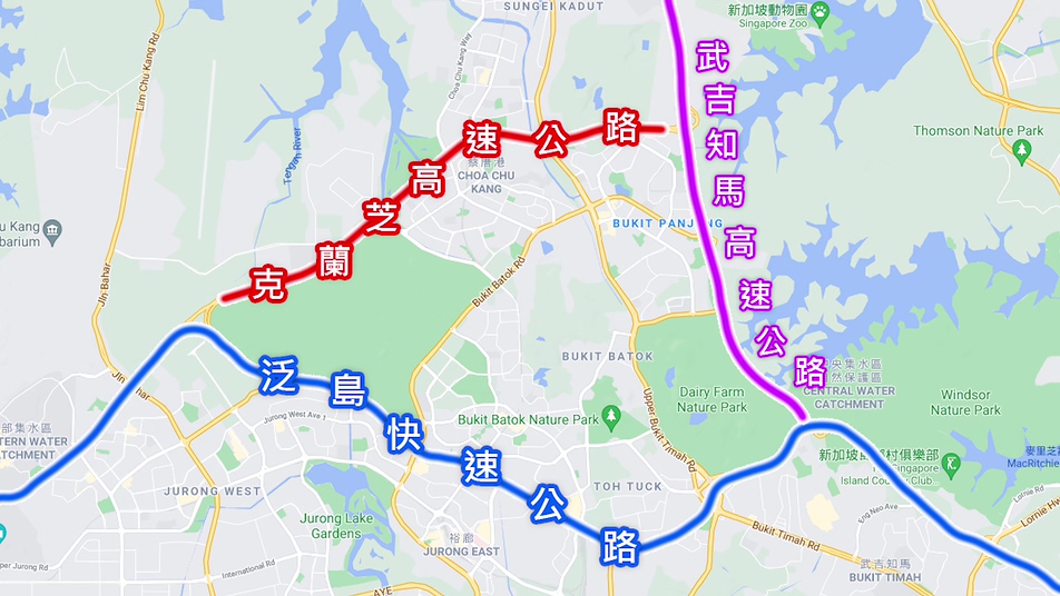 榮工處海外業務東南亞新加坡克蘭芝高速公路與其他高速公路之相關位置