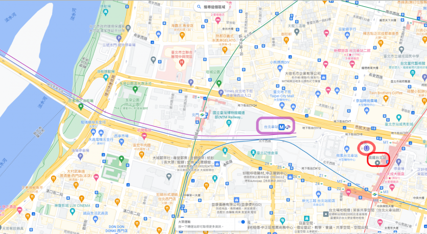 桃園機場捷運沿線車站-台北車站(A1)位置圖