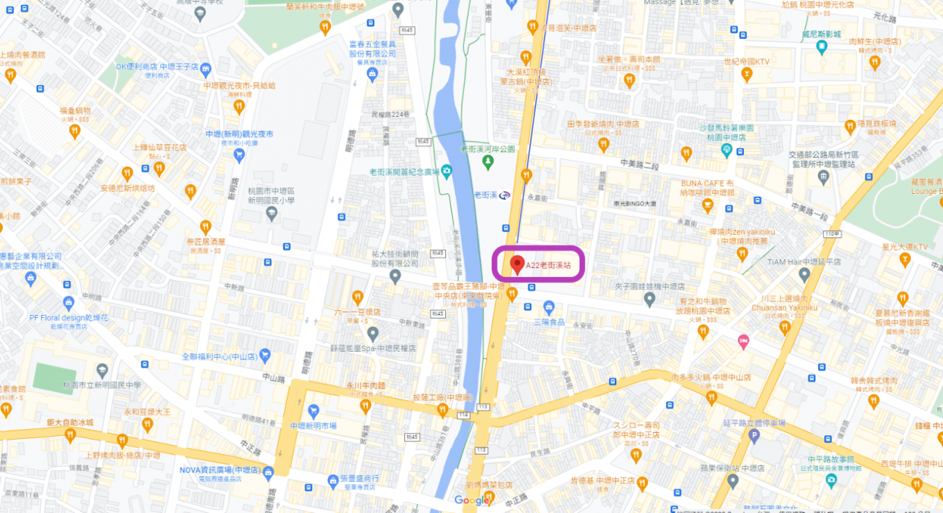 桃園機場捷運沿線車站-老街溪站(A22)位置圖