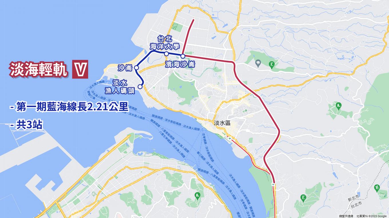 淡海輕軌第一期藍海線全貌第一期藍海線長度約2.21公里，起自濱海沙崙站，迄於淡水漁人碼頭站，共3站，濱海沙崙站為藍海線與綠山線之轉乘站。