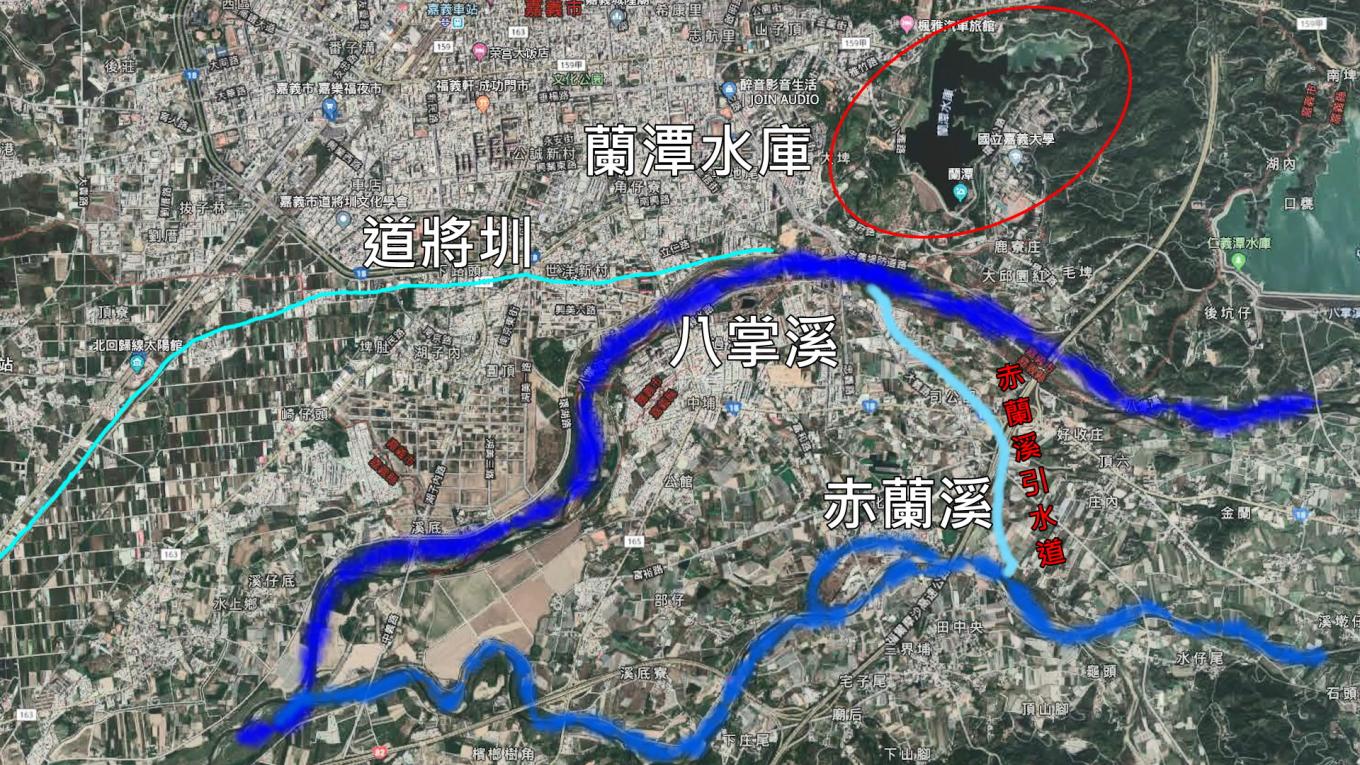 道將圳-赤蘭溪引水至八掌溪彌陀市對岸示意圖：因此另由水上鄉三界埔，將赤蘭溪水引到彌陀禪寺對岸。