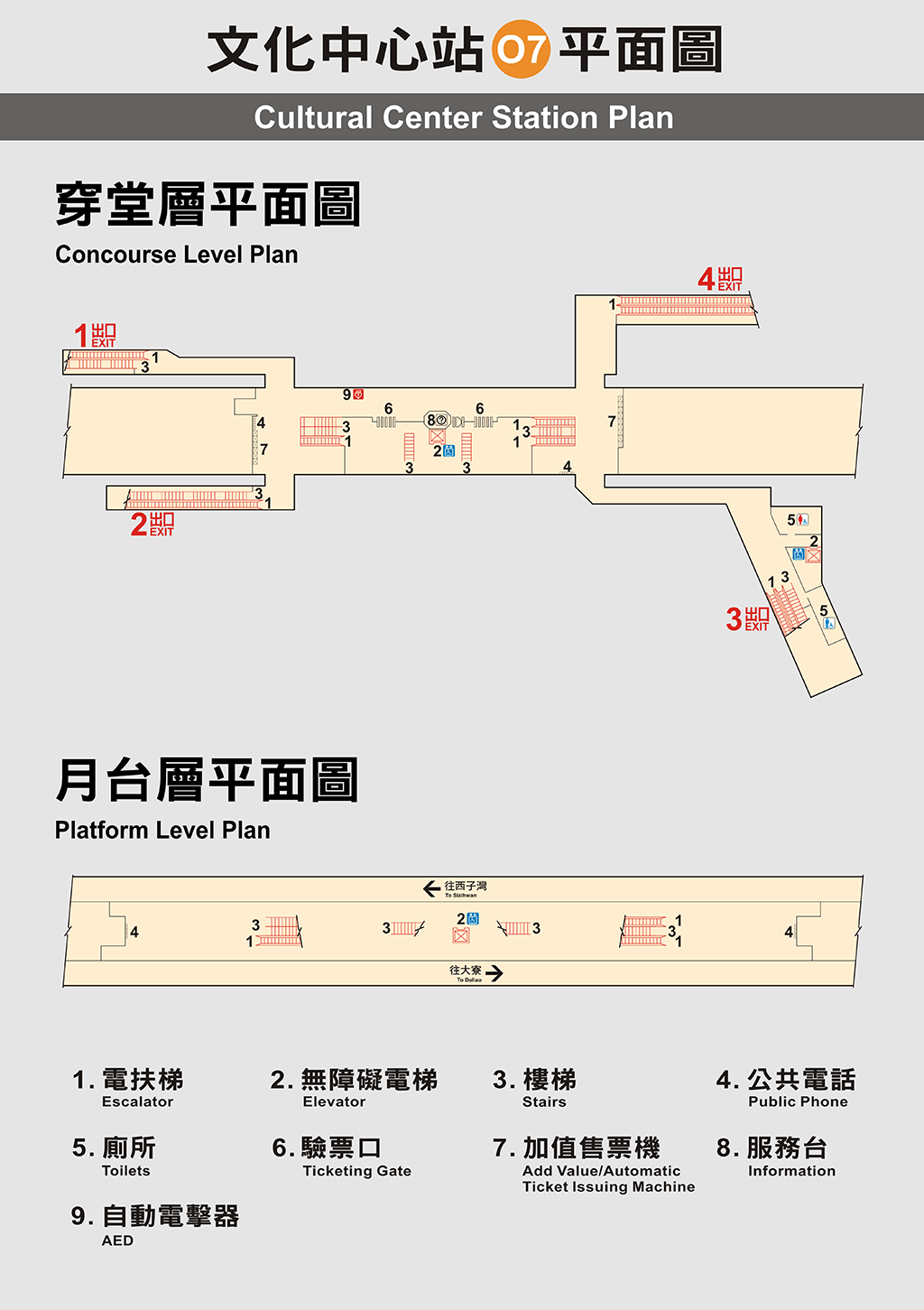 高雄捷運橘線沿線車站介紹-文化中心站(O7)平面圖