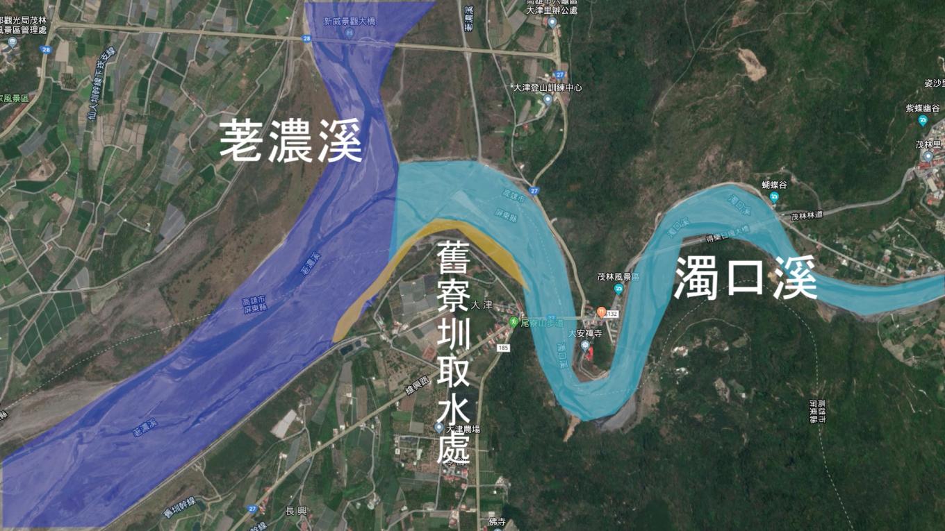 舊寮舊、新圳取水源示意圖--舊寮圳舊圳之水取自荖濃溪；新圳之水取自濁口溪