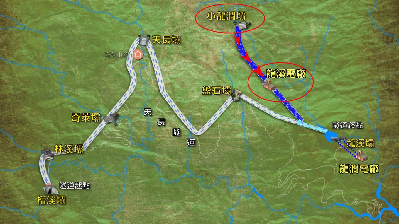 木瓜溪流域小龍澗壩工程(藍色部份)引水至龍溪電廠示意圖