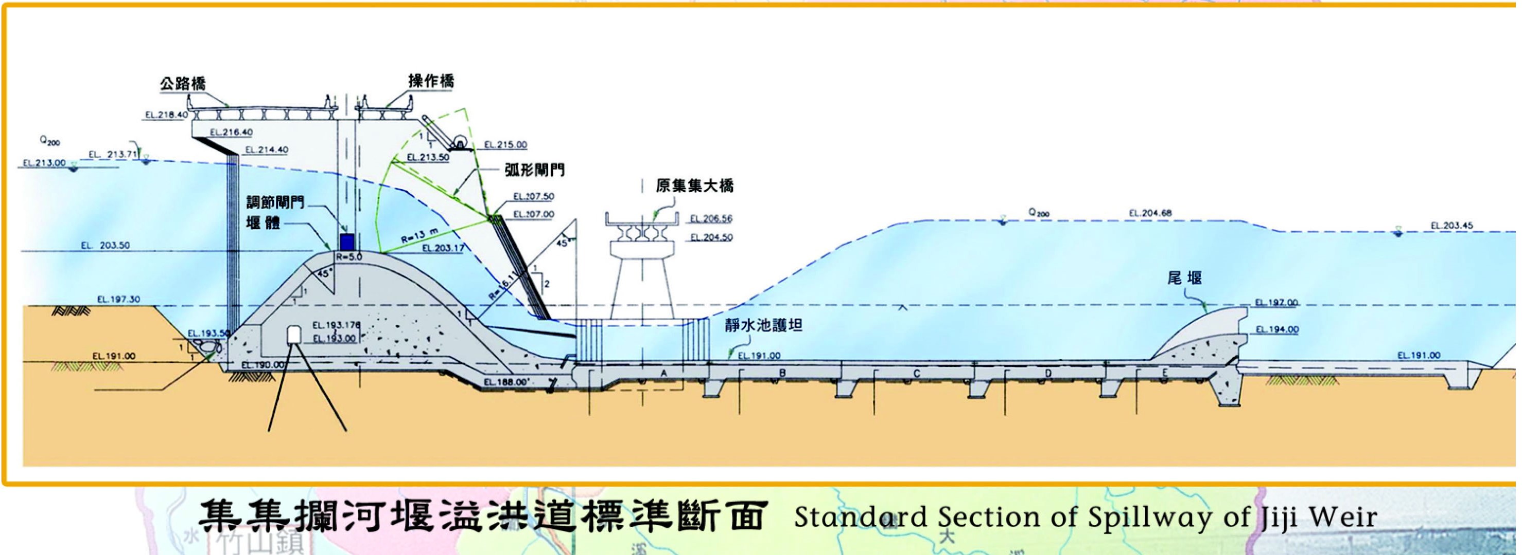 濁水溪集集攔河堰溢洪道標準斷面圖