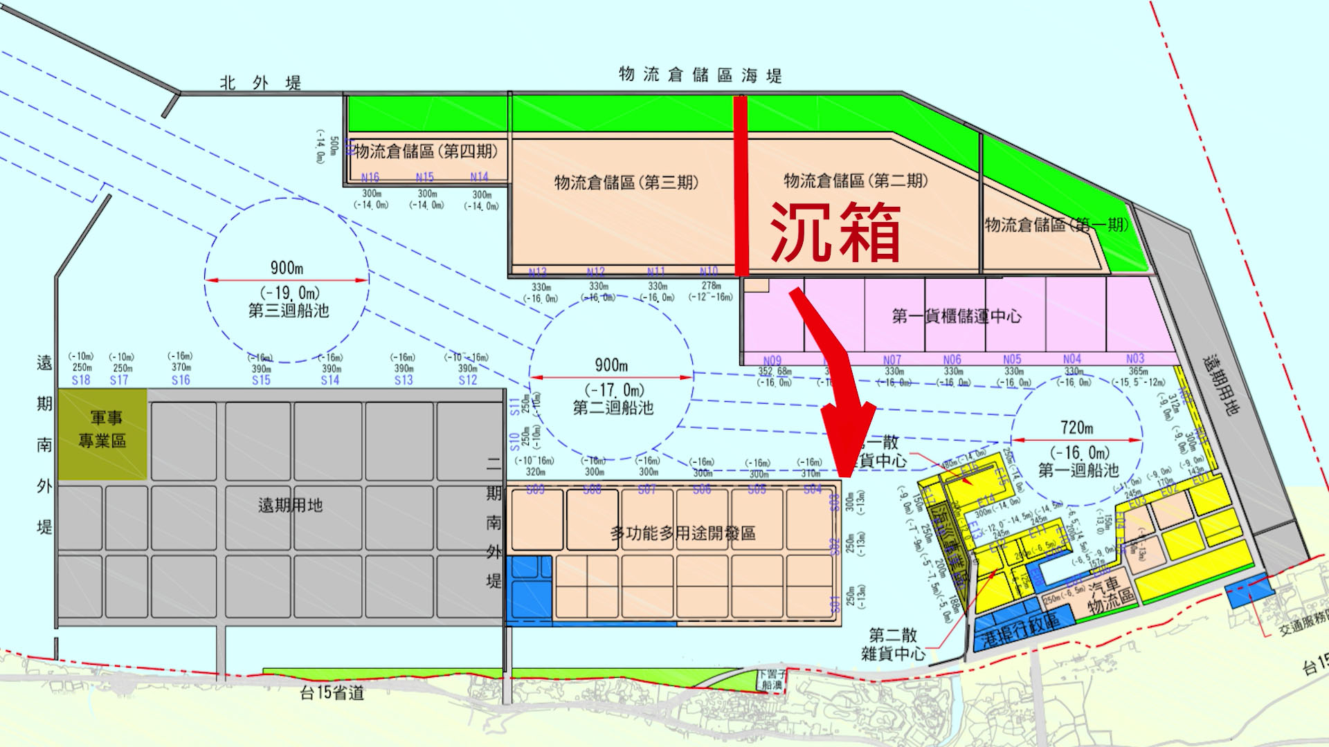 台北港第二、三期間的沈箱回收再利用工程示意圖