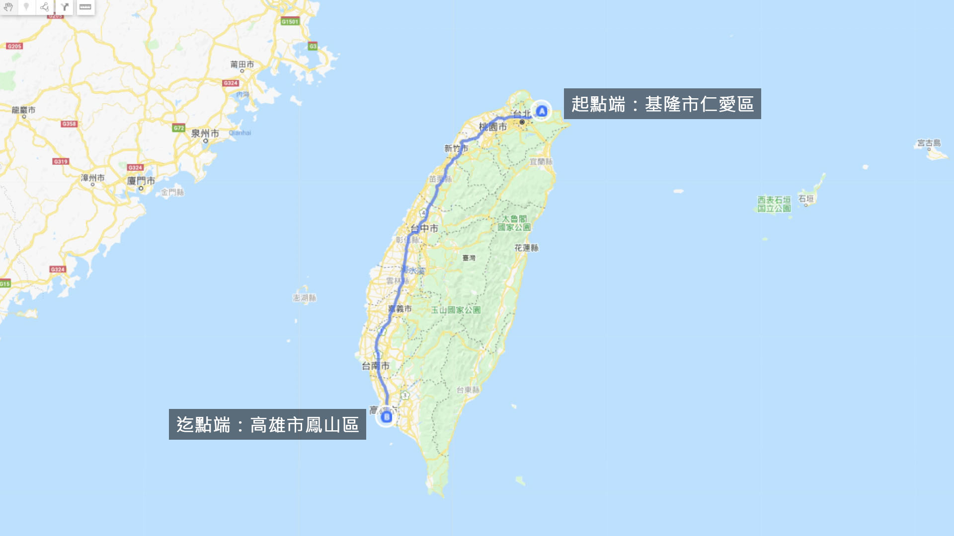 榮工處承辦之中山南北高速公路工程起訖點示意圖