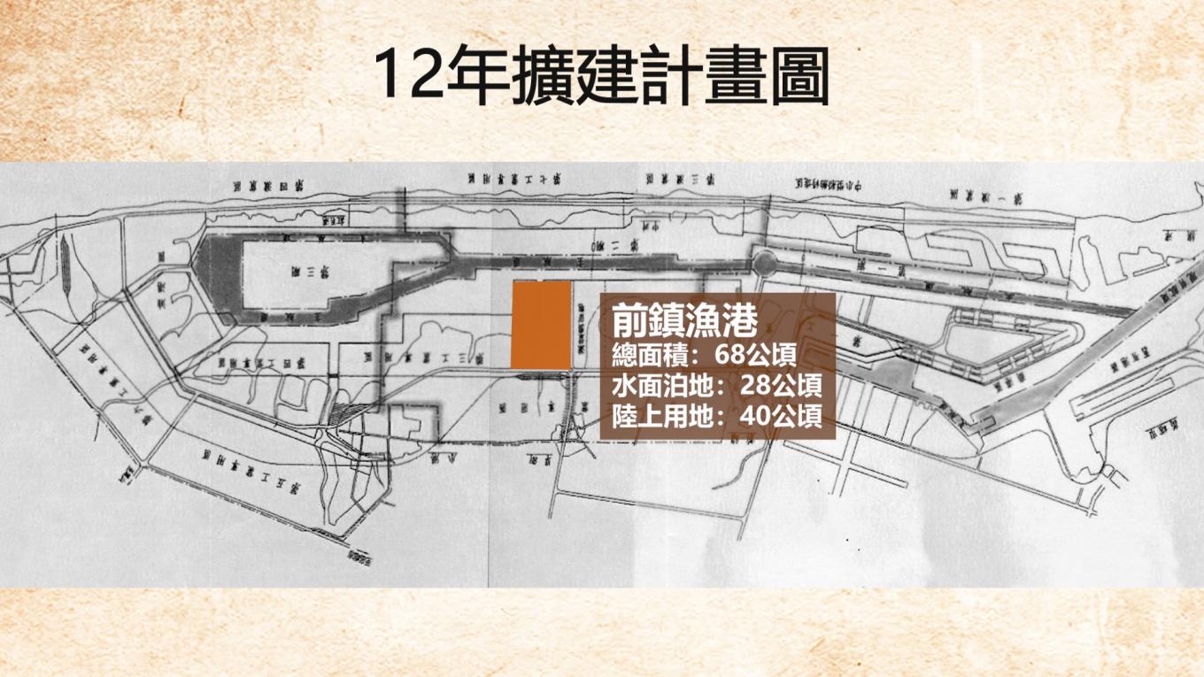 高雄港12年擴建計畫-興建前鎮漁港(1967年啟用) 面積為68公頃，其中水面泊地28公頃，陸上用地40公頃