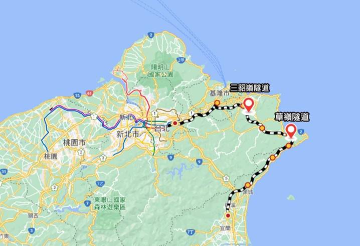 鐵道宜蘭線三貂嶺隧道及草嶺隧道地理位置示意圖