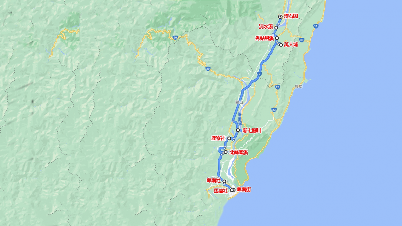 日治時代1916年台東至璞石閣之台東線環島鐵路路線調查示意圖。