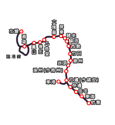 日治時代鐡道屏東線各車站示意圖。