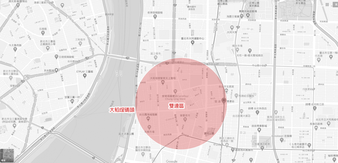 鐵路淡水支線雙連區與大稻埕碼頭之相對位置