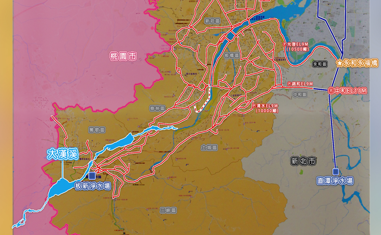 板新供水系統在北水南調政策下，由翡翠水庫及新店溪透過直潭淨水場，供應板新供水地區新北市12個區清水，板新淨水場支援桃園